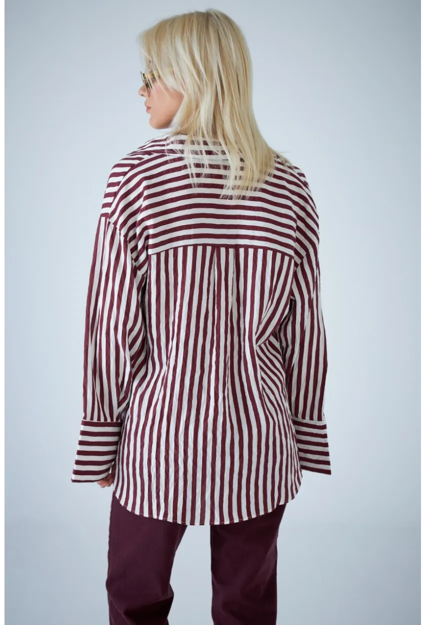 Kadın Bordo Çizgili Cepli Gömlek ELN601