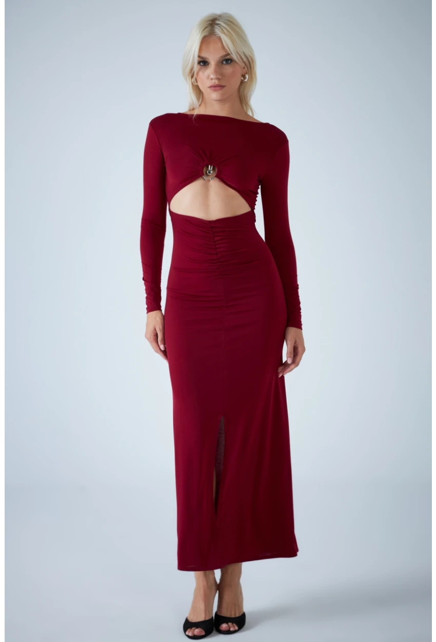 Kadın Bordo Dekolteli Aksesuarlı Maxi Elbise HO57