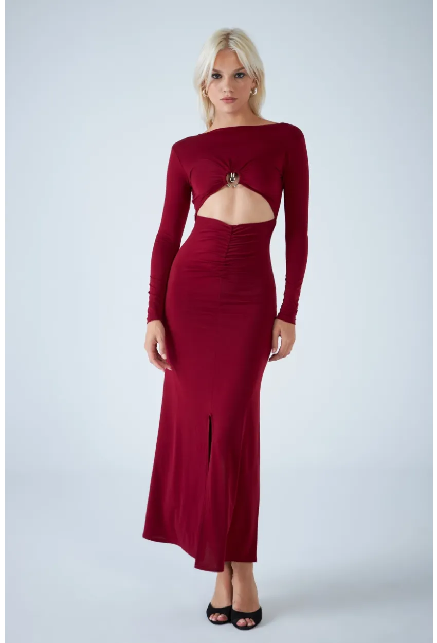 Kadın Bordo Dekolteli Aksesuarlı Maxi Elbise HO57