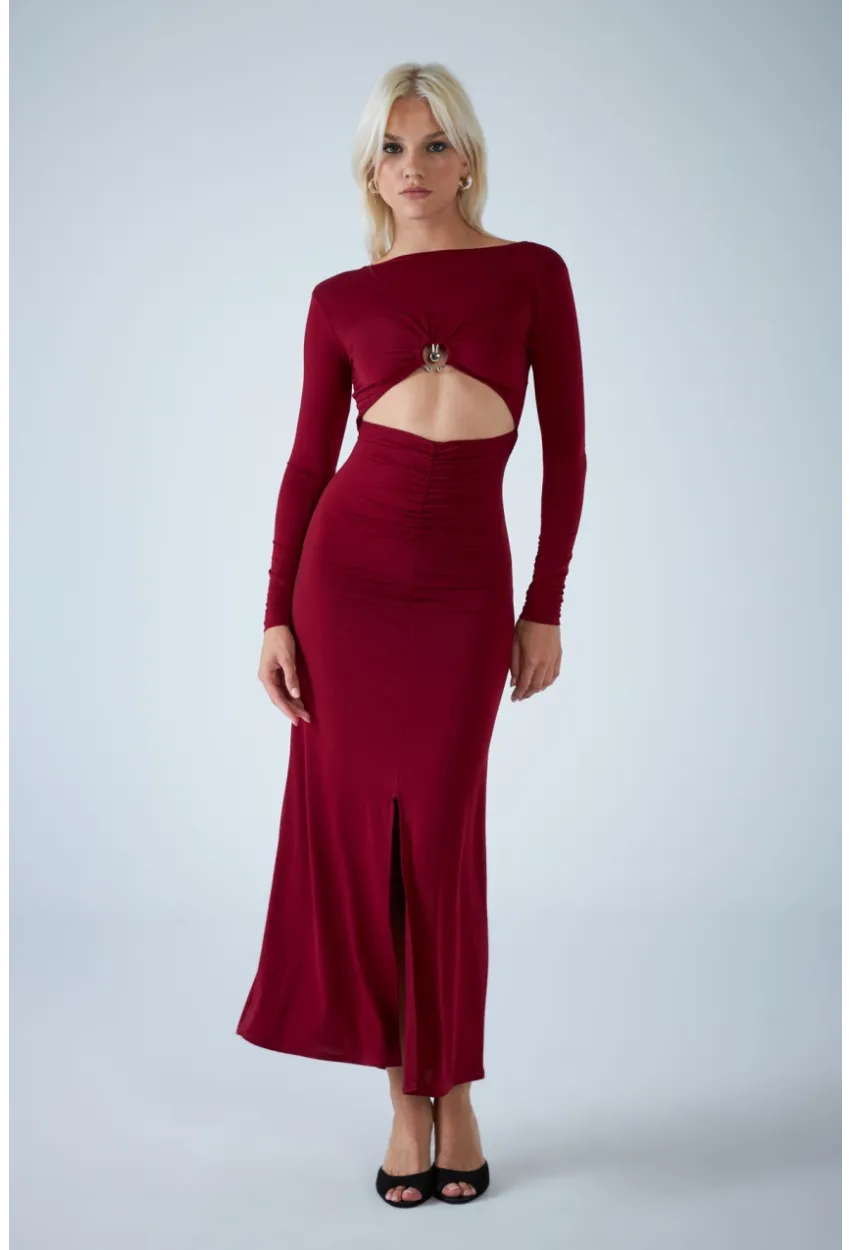 Kadın Bordo Dekolteli Aksesuarlı Maxi Elbise HO57