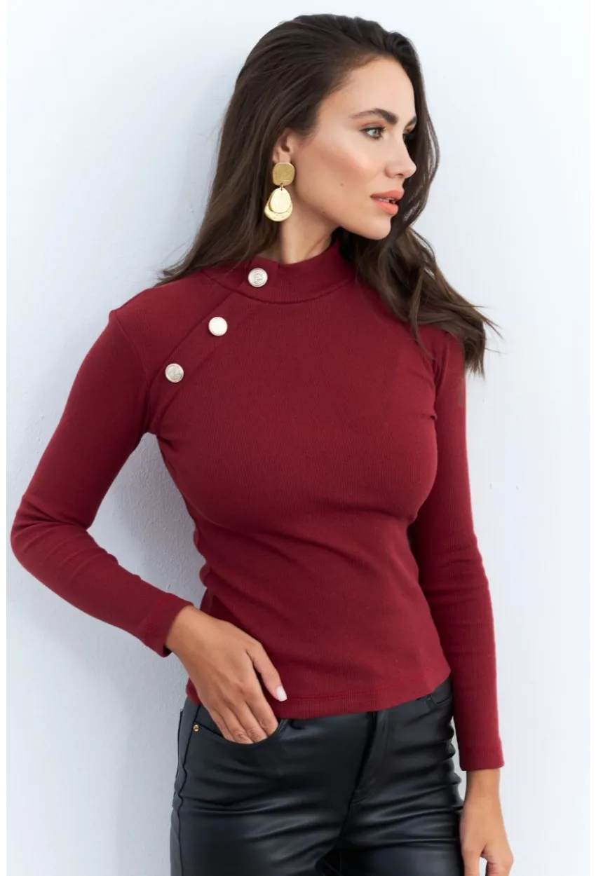 Kadın Bordo Düğme Aksesuarlı Kaşkorse Bluz EY2579