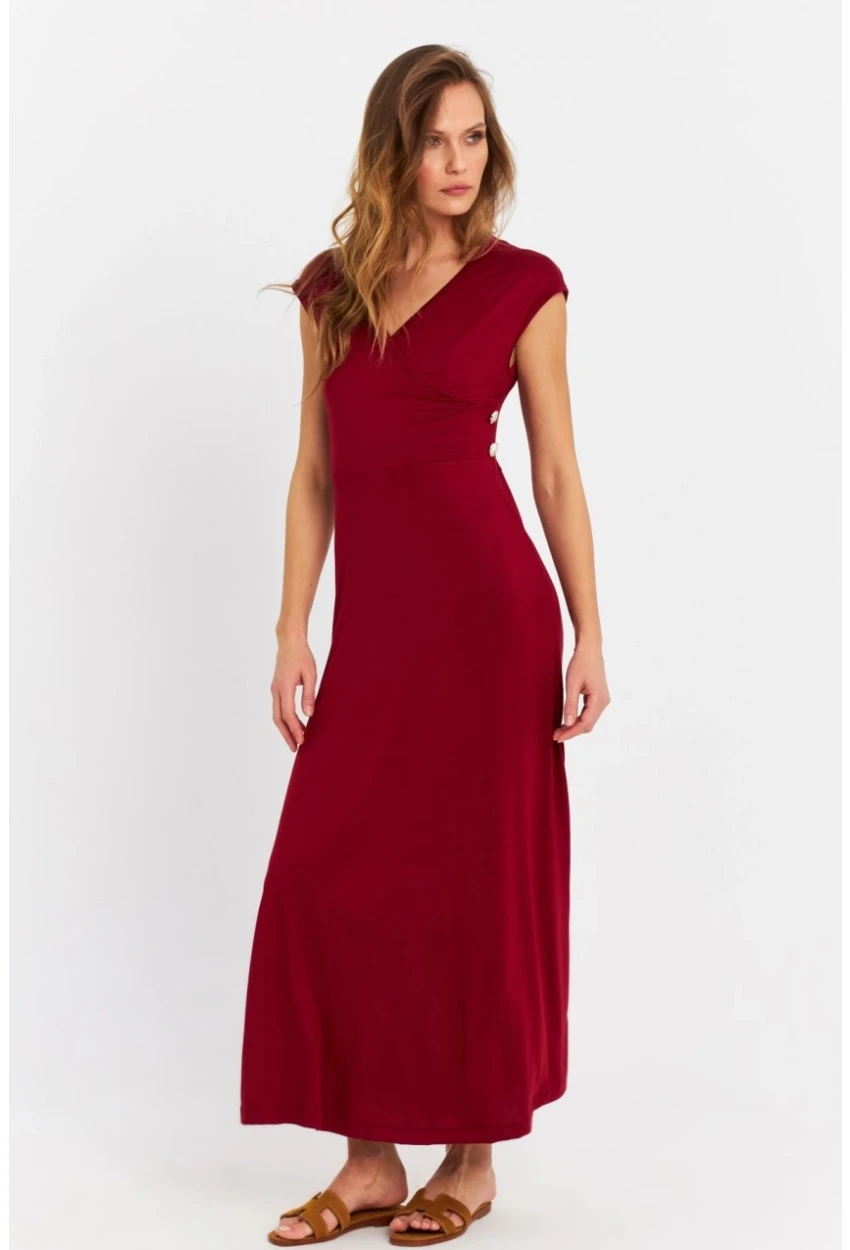 Kadın Bordo Düğme Detaylı Kruvaze Midi Elbise EY0011
