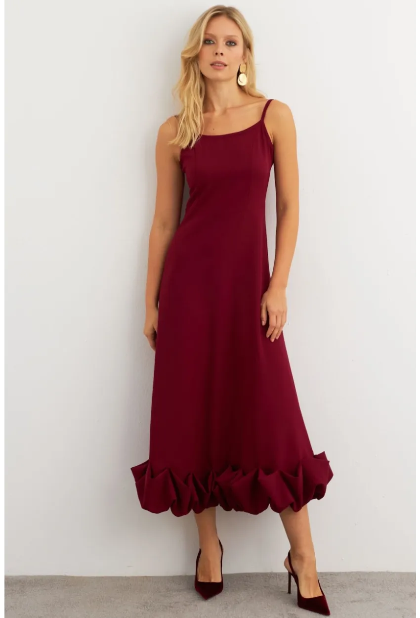 Kadın Bordo Eteği Fırfırlı Şık Maxi Elbise FRY2266