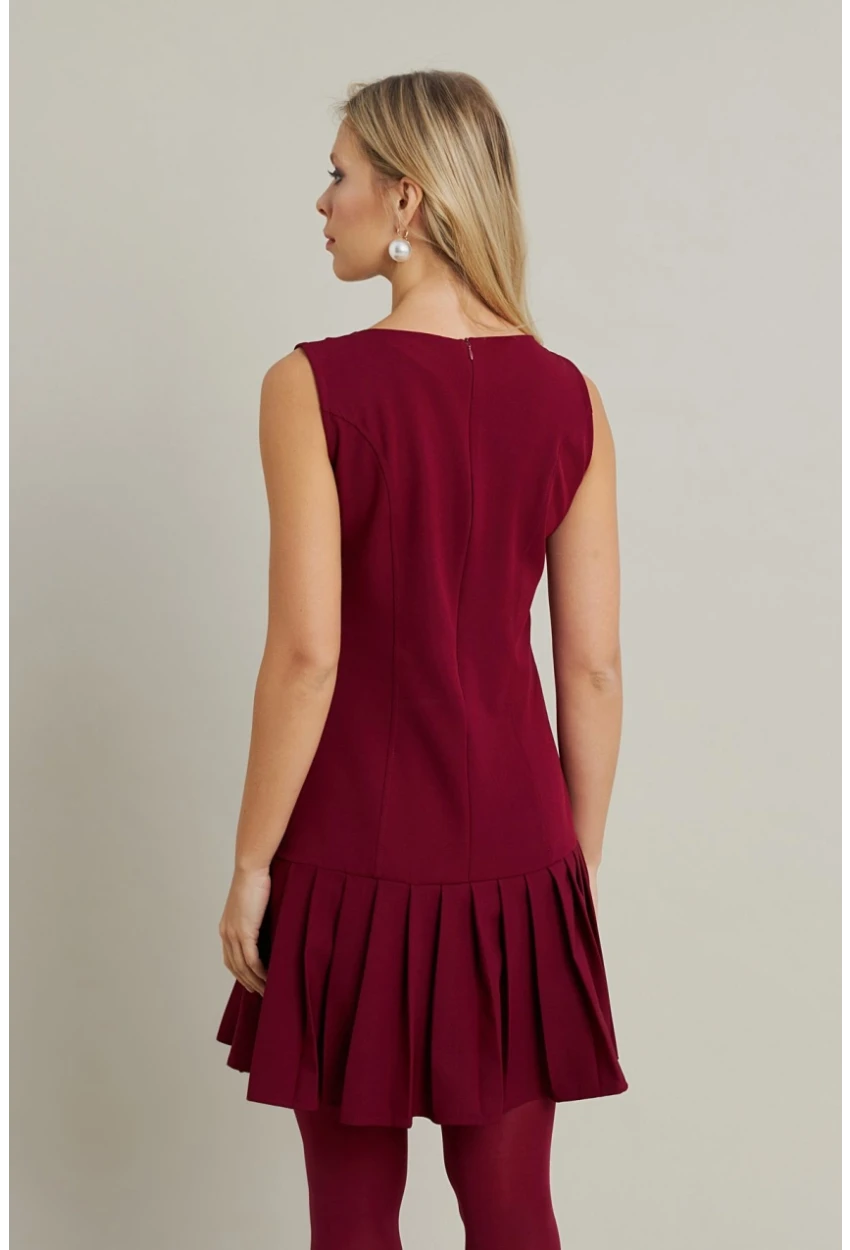 Kadın Bordo Etegi Pileli Mini Elbise FRY2265