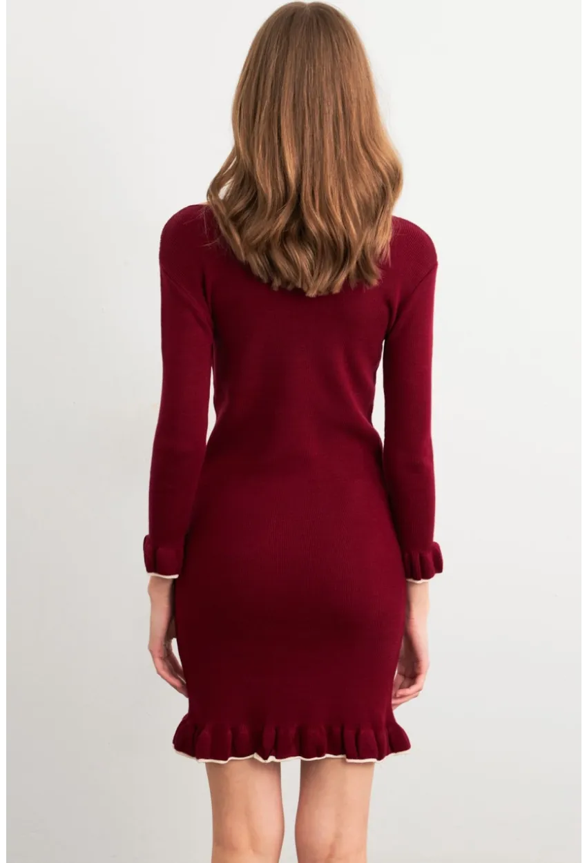 Kadın Bordo Fırfırlı Basic Triko Midi Elbise SF2559