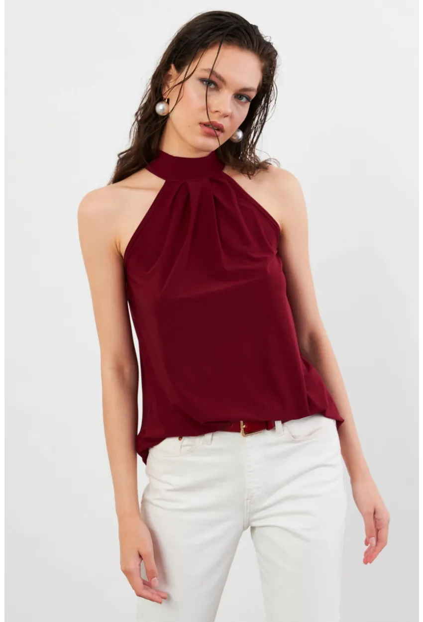 Kadın Bordo Halter Yaka Bluz LPP1273