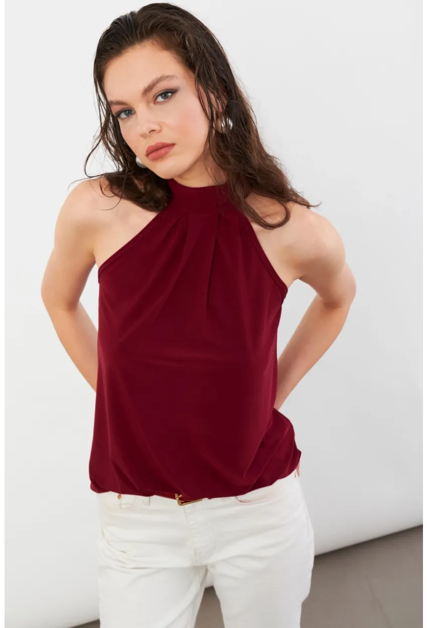 Kadın Bordo Halter Yaka Bluz LPP1273