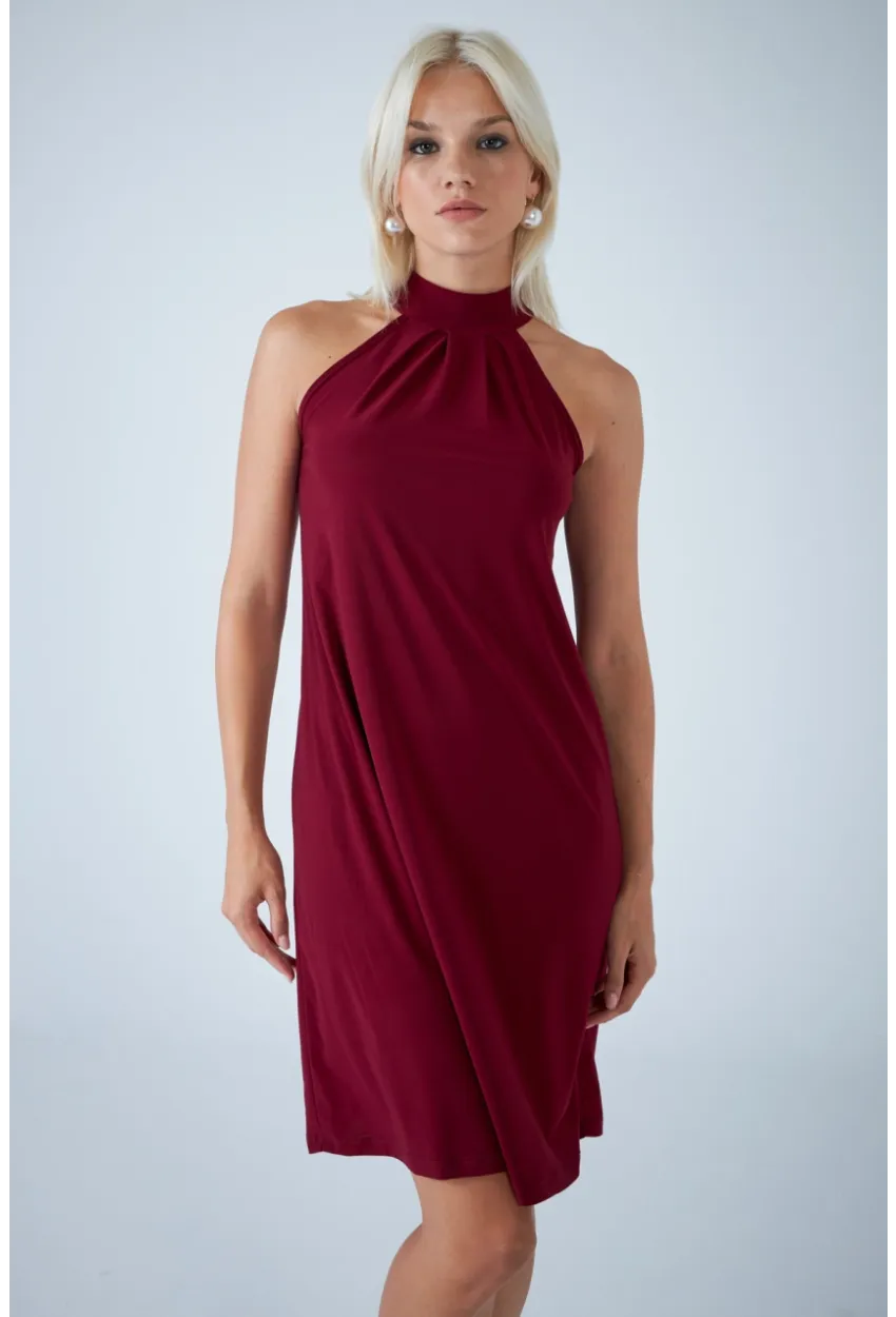 Kadın Bordo Halter Yaka Midi Elbise LPP1309