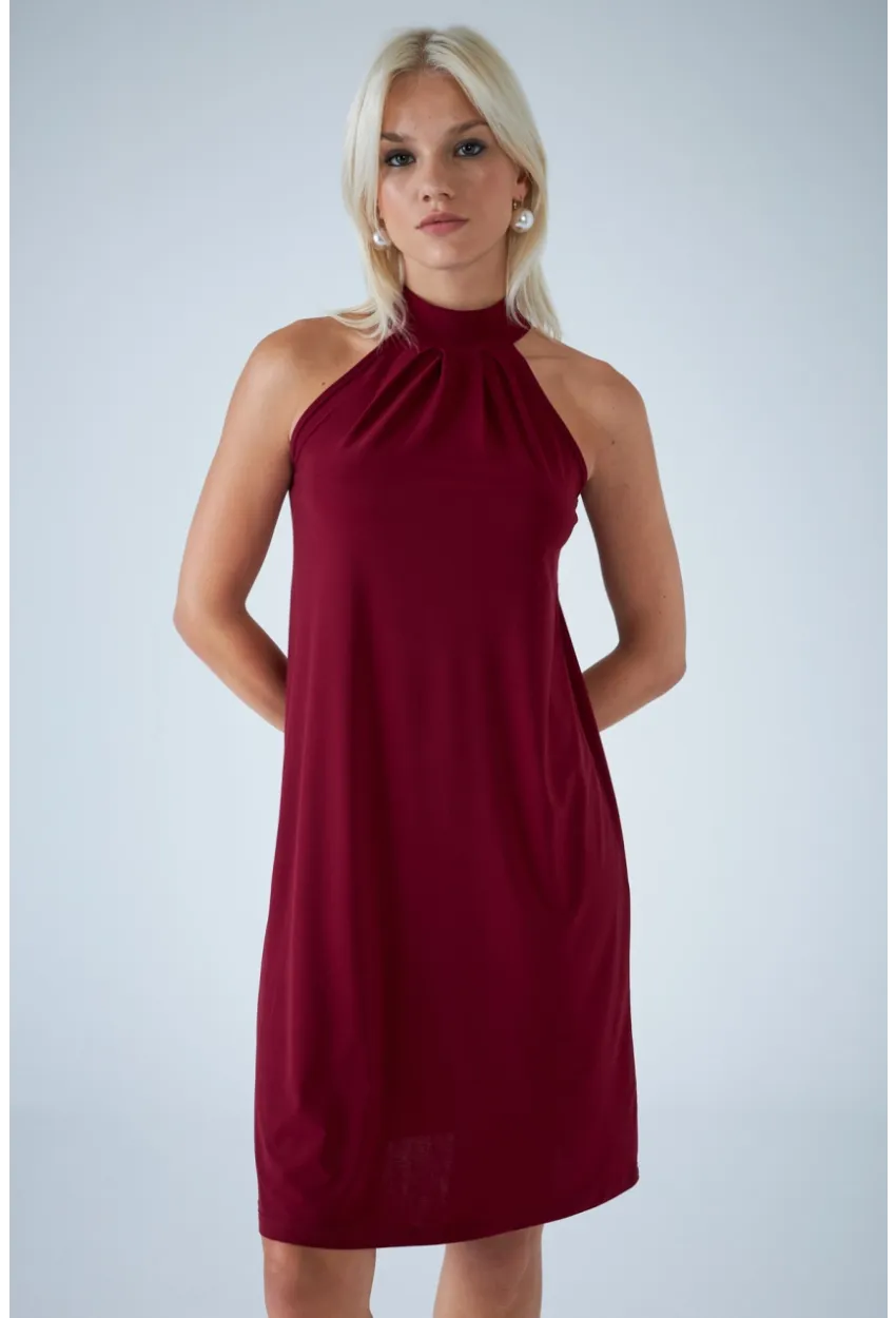 Kadın Bordo Halter Yaka Midi Elbise LPP1309