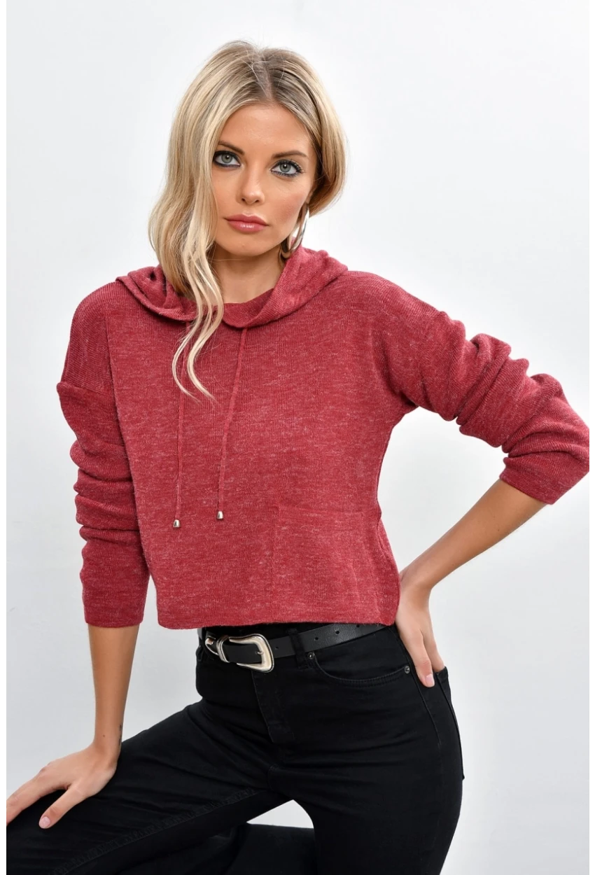 Kadın Bordo Kapüşonlu Kısa Triko Bluz YV15-90