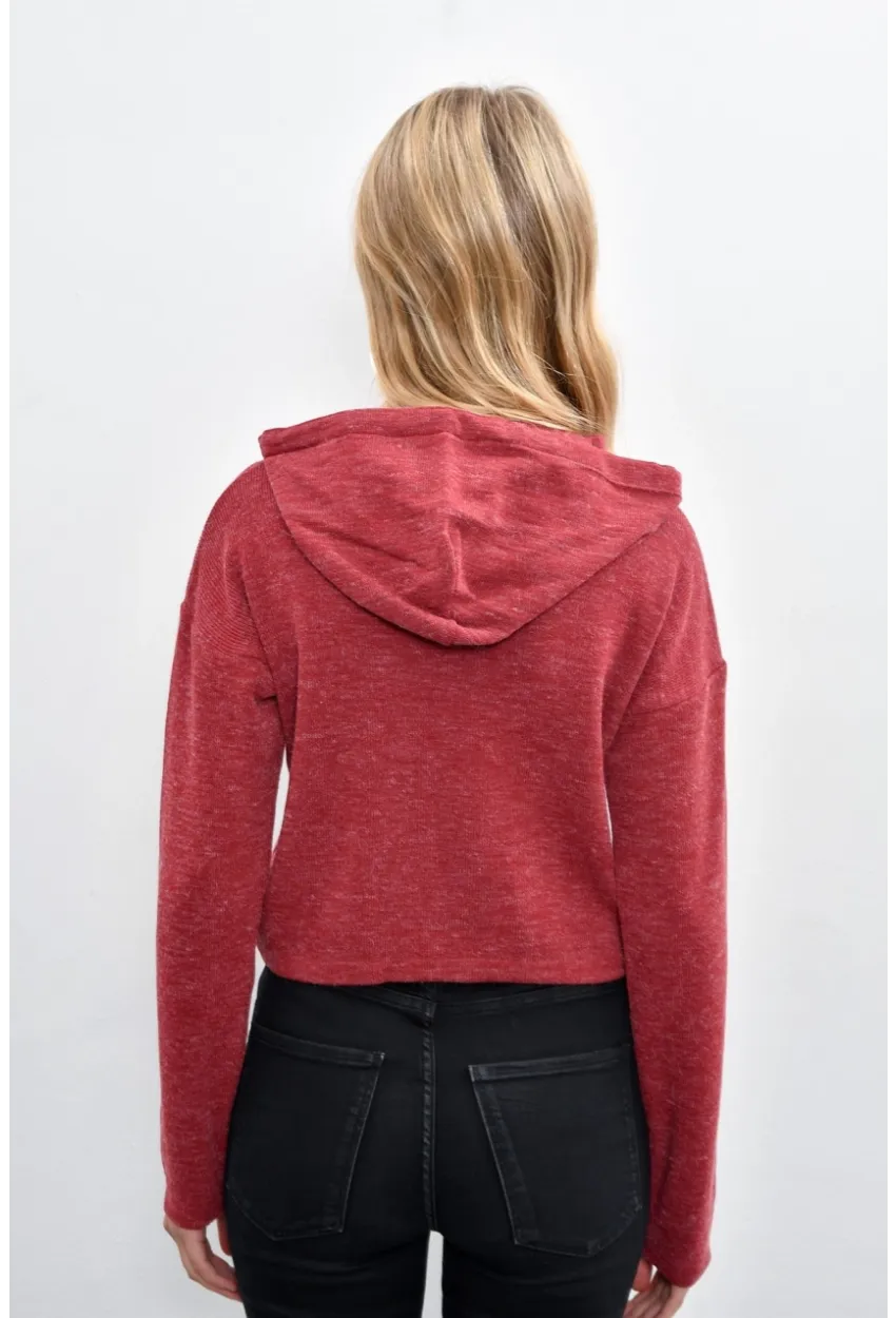 Kadın Bordo Kapüşonlu Kısa Triko Bluz YV15-90