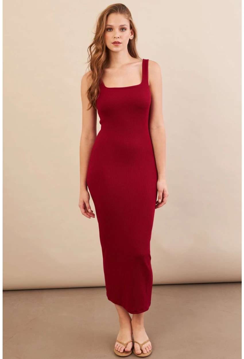 Kadın Bordo Kare Yaka Midi Elbise DMR295-90