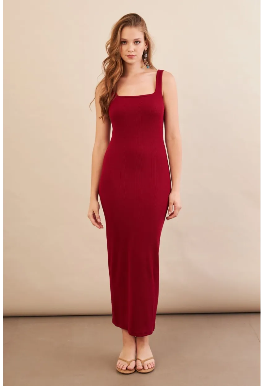 Kadın Bordo Kare Yaka Midi Elbise DMR295-90