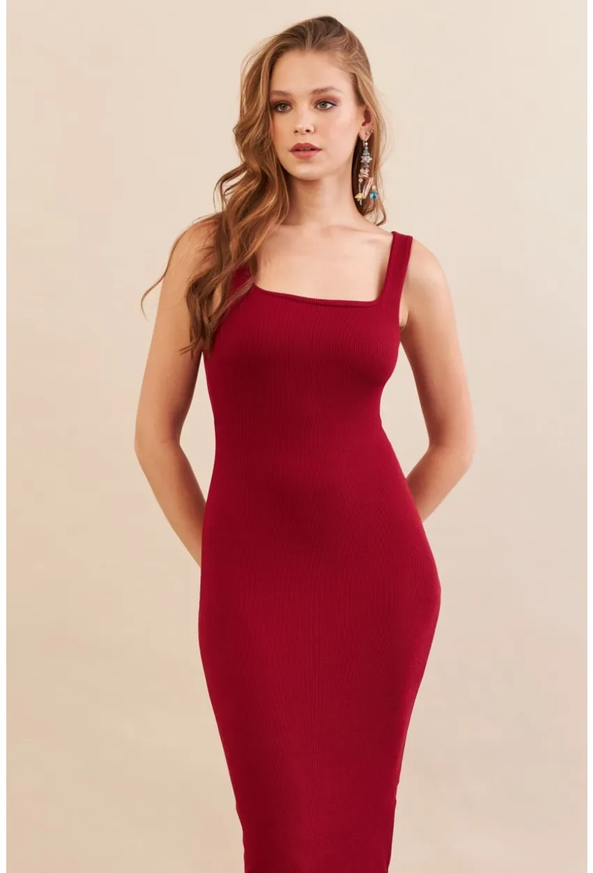 Kadın Bordo Kare Yaka Midi Elbise DMR295-90