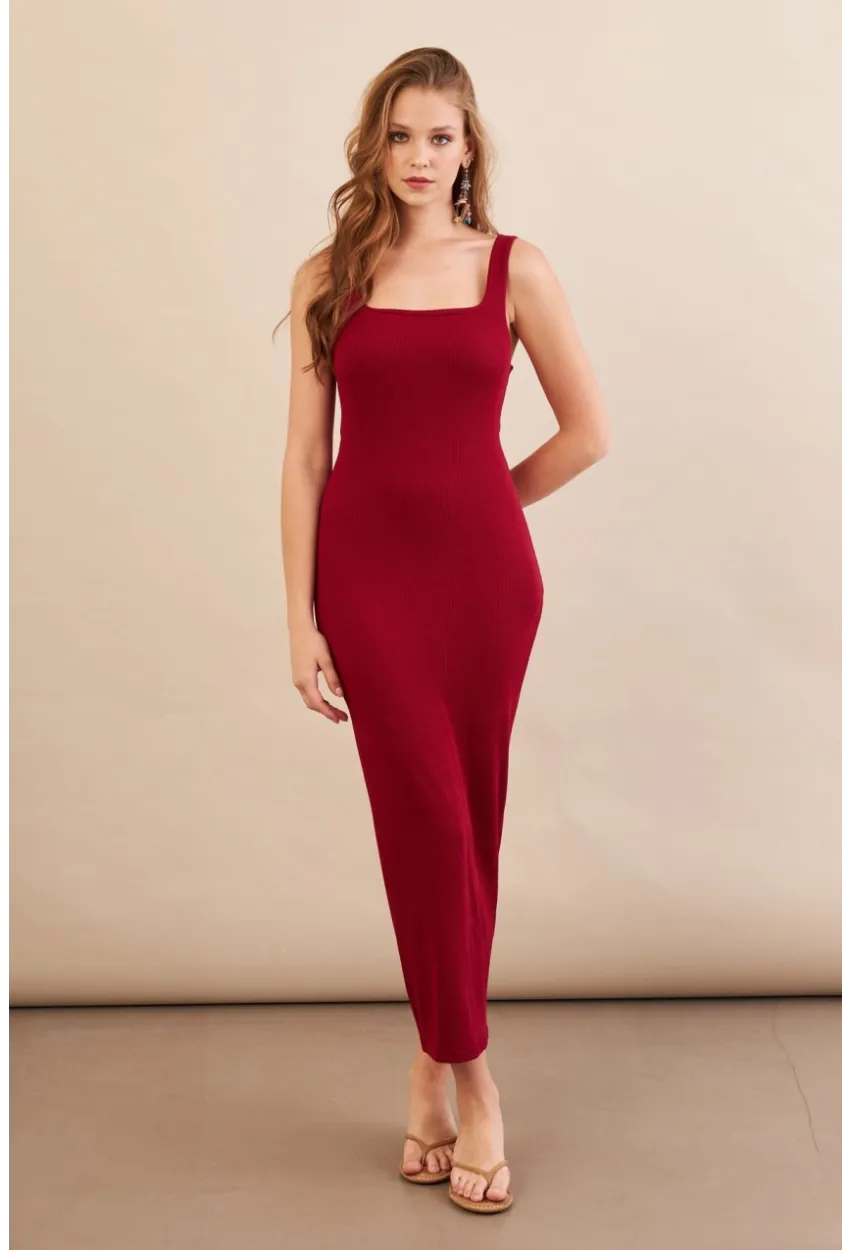 Kadın Bordo Kare Yaka Midi Elbise DMR295-90