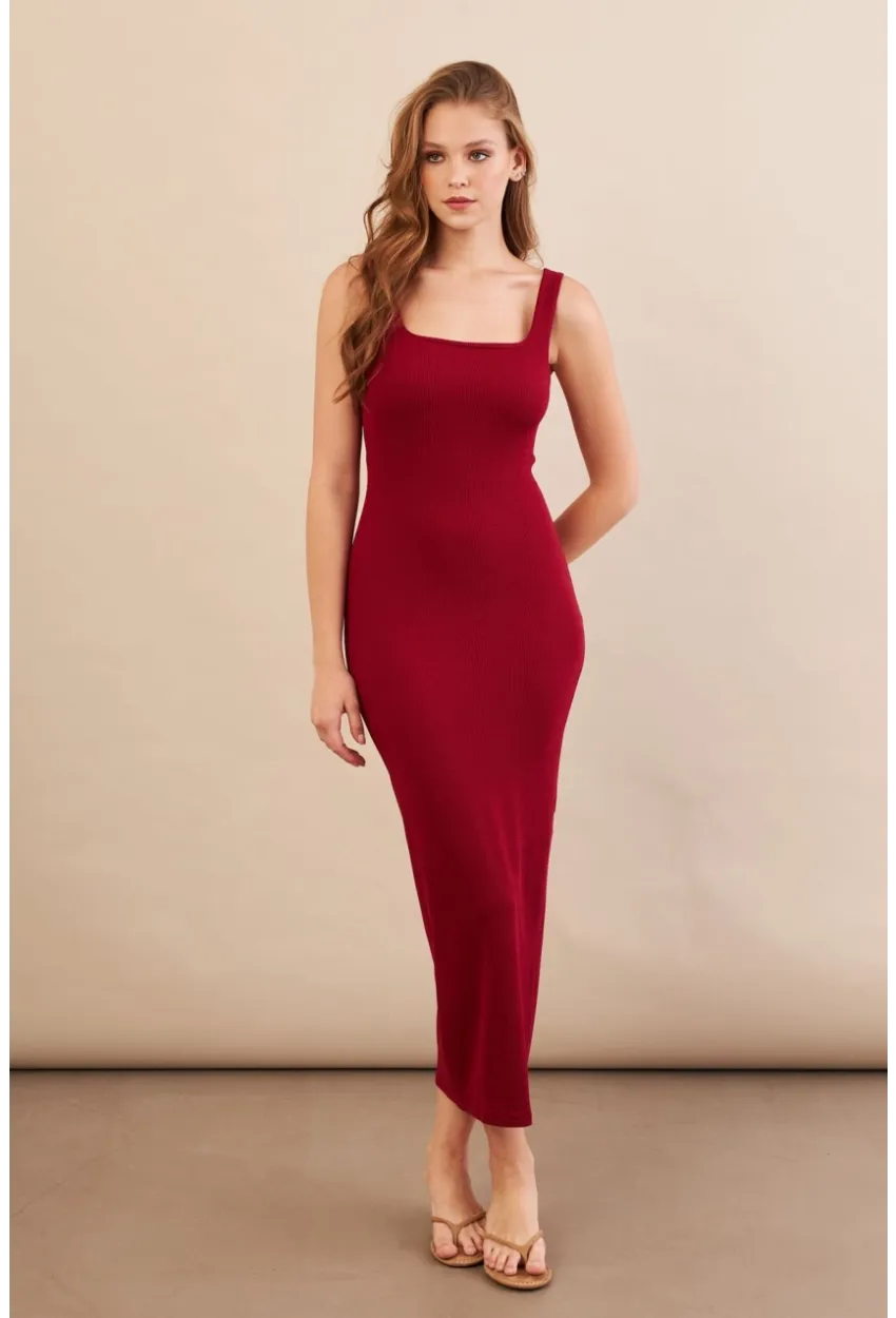 Kadın Bordo Kare Yaka Midi Elbise DMR295-90