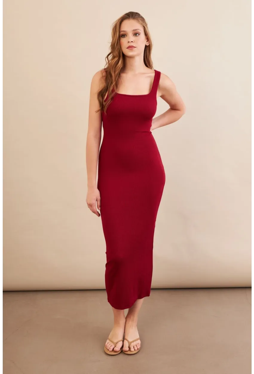 Kadın Bordo Kare Yaka Midi Elbise DMR295-90