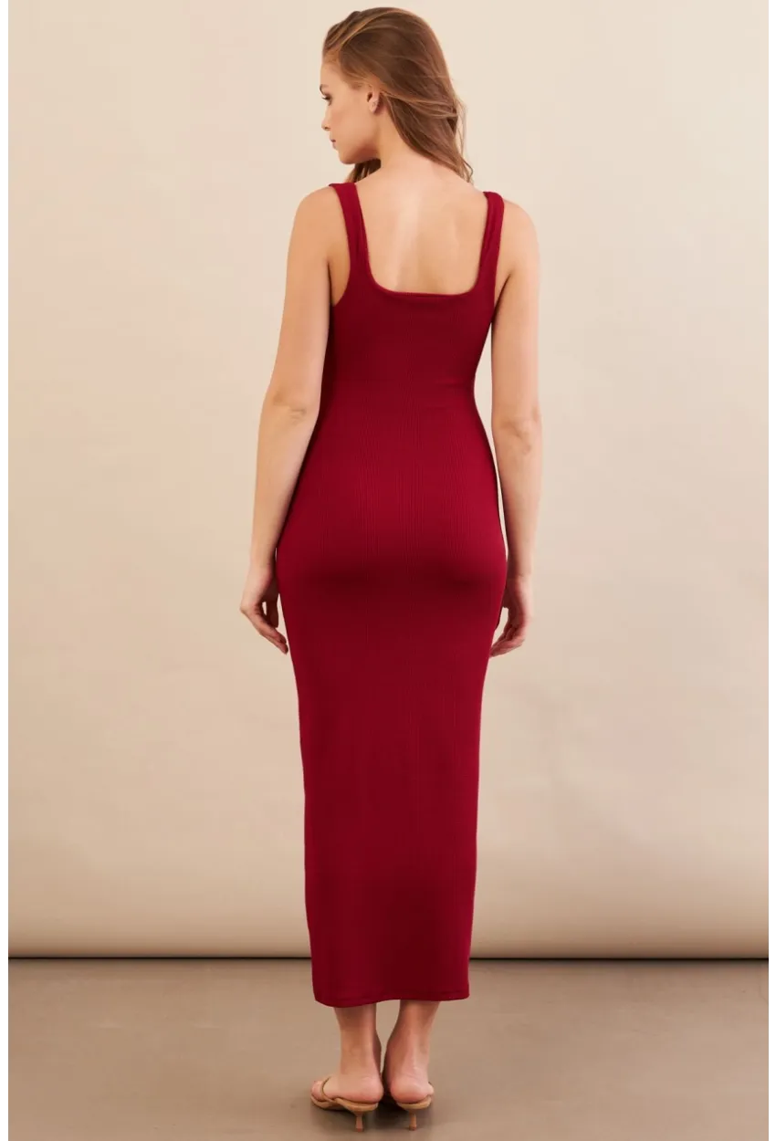 Kadın Bordo Kare Yaka Midi Elbise DMR295-90