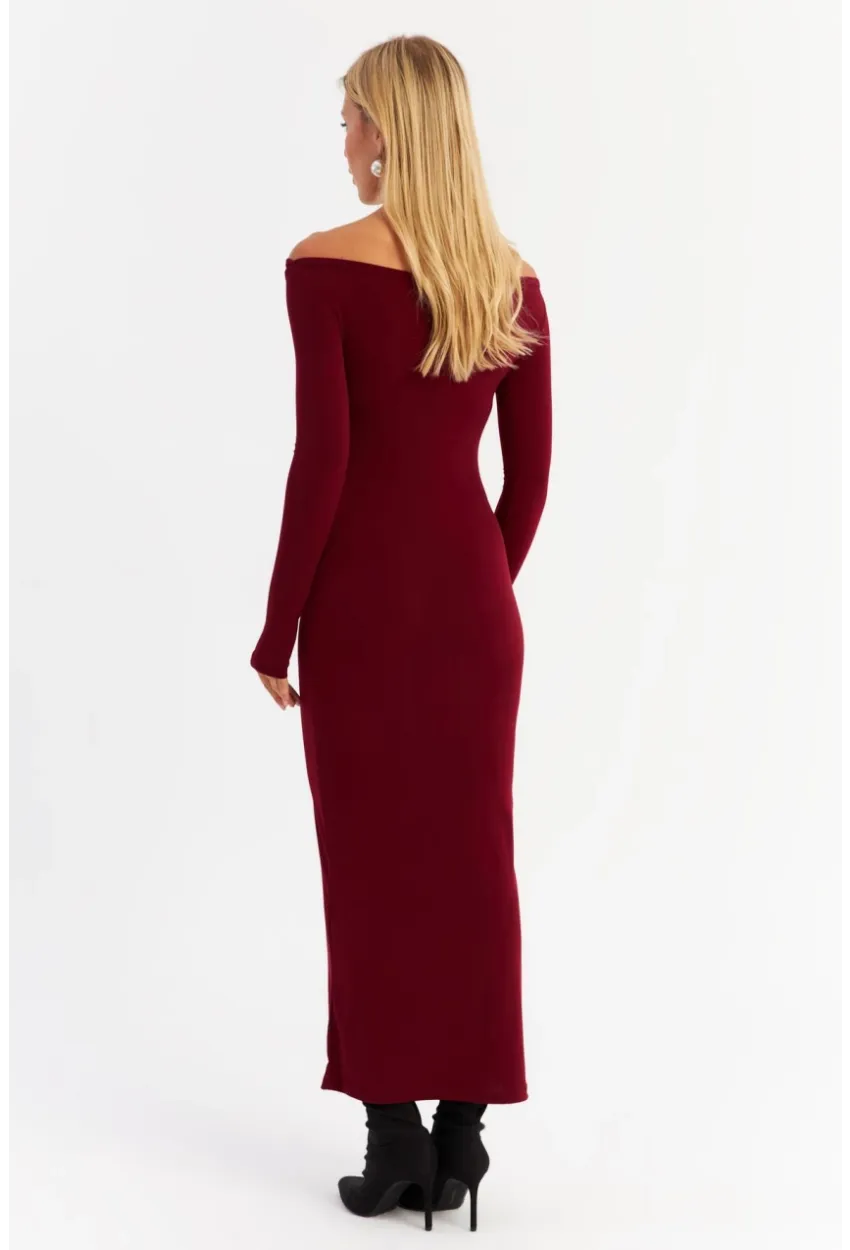 Kadın Bordo Kayık Yaka Maxi Yılbaşı Elbise HOR03