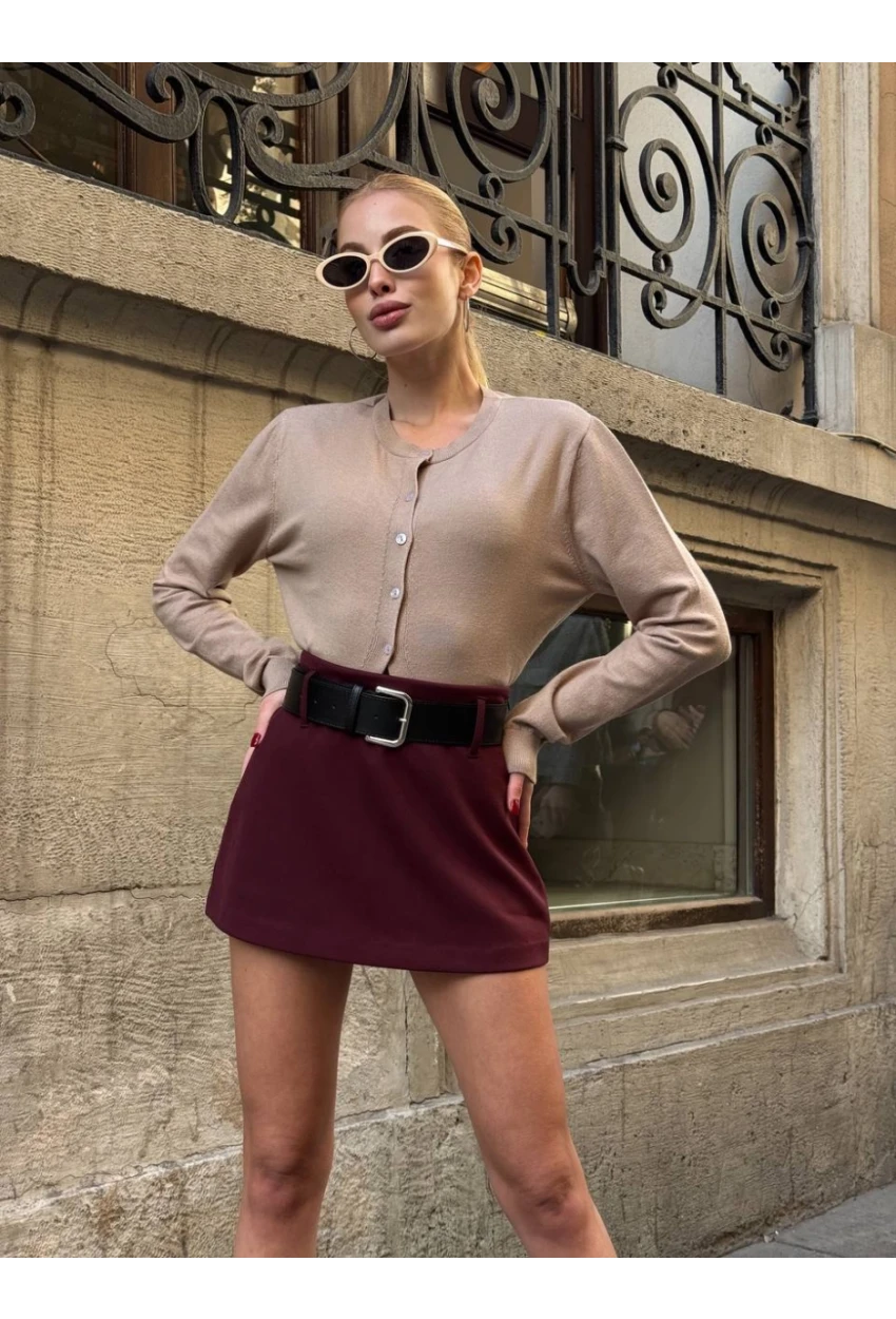 Kadın Bordo Kemerli Şort Etek