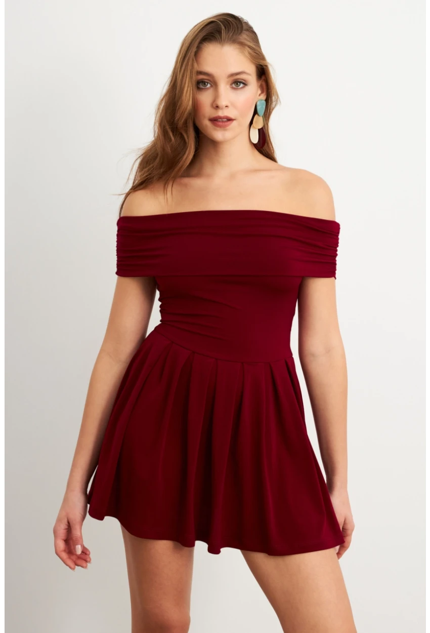 Kadın Bordo Madonna Yaka Midi Elbise MON1262-1