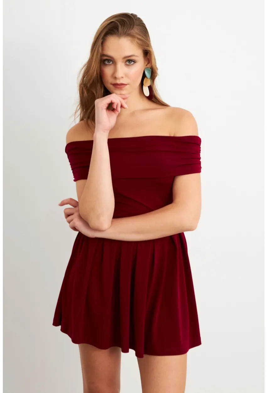 Kadın Bordo Madonna Yaka Midi Elbise MON1262-1