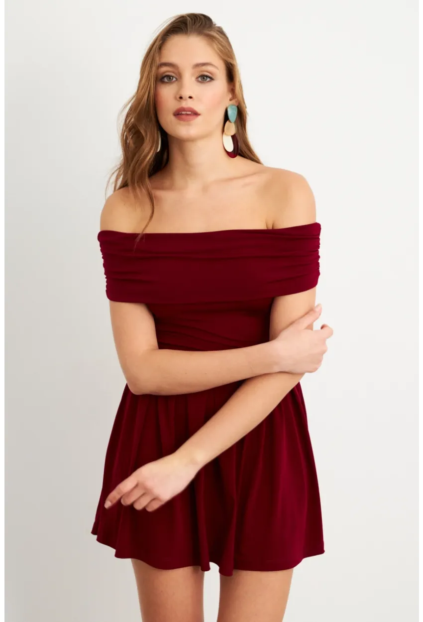 Kadın Bordo Madonna Yaka Midi Elbise MON1262-1