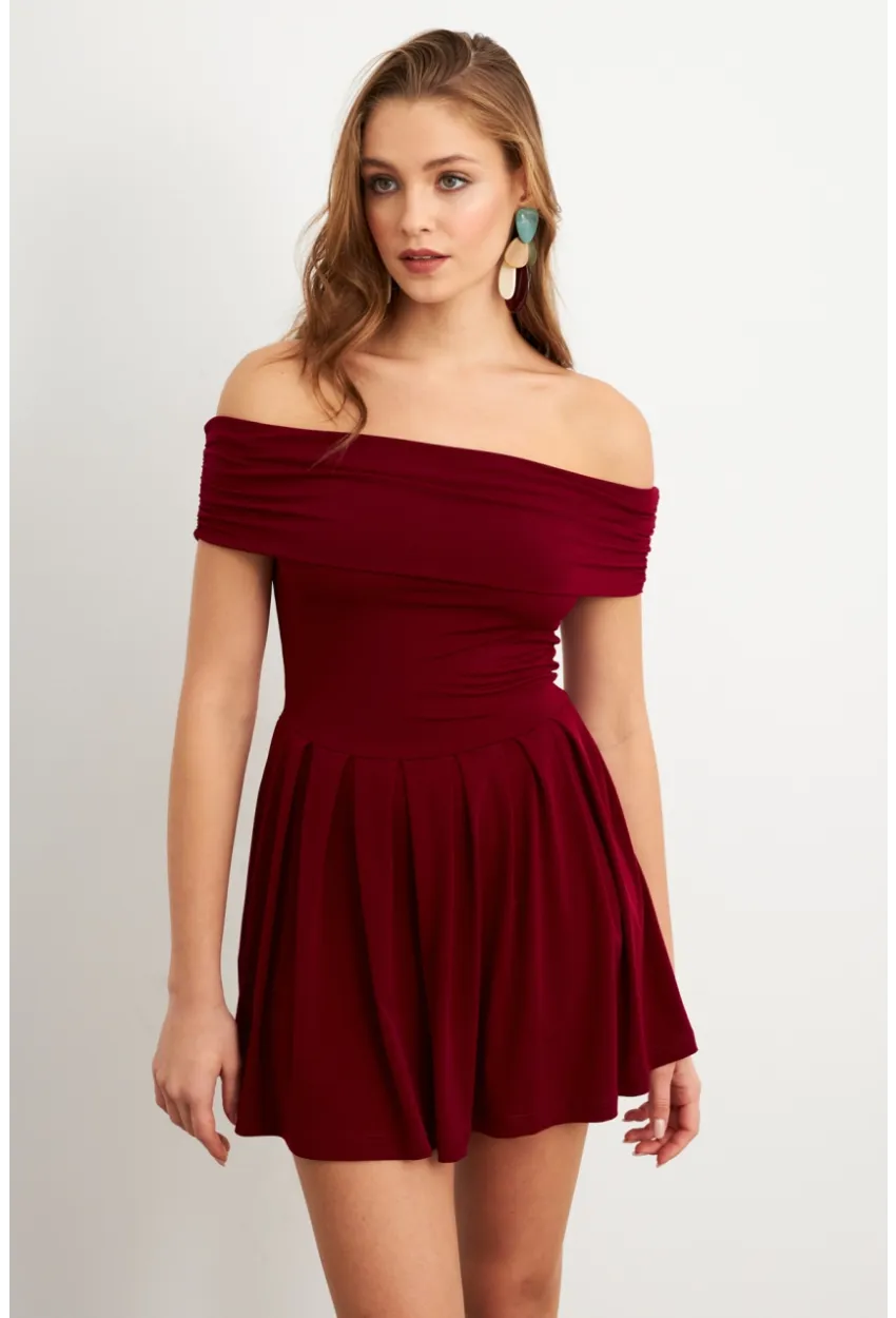 Kadın Bordo Madonna Yaka Midi Elbise MON1262-1