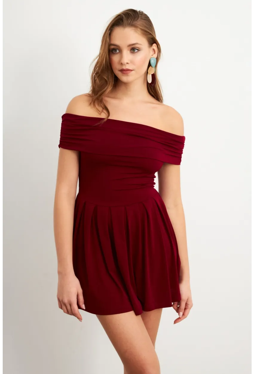 Kadın Bordo Madonna Yaka Midi Elbise MON1262-1