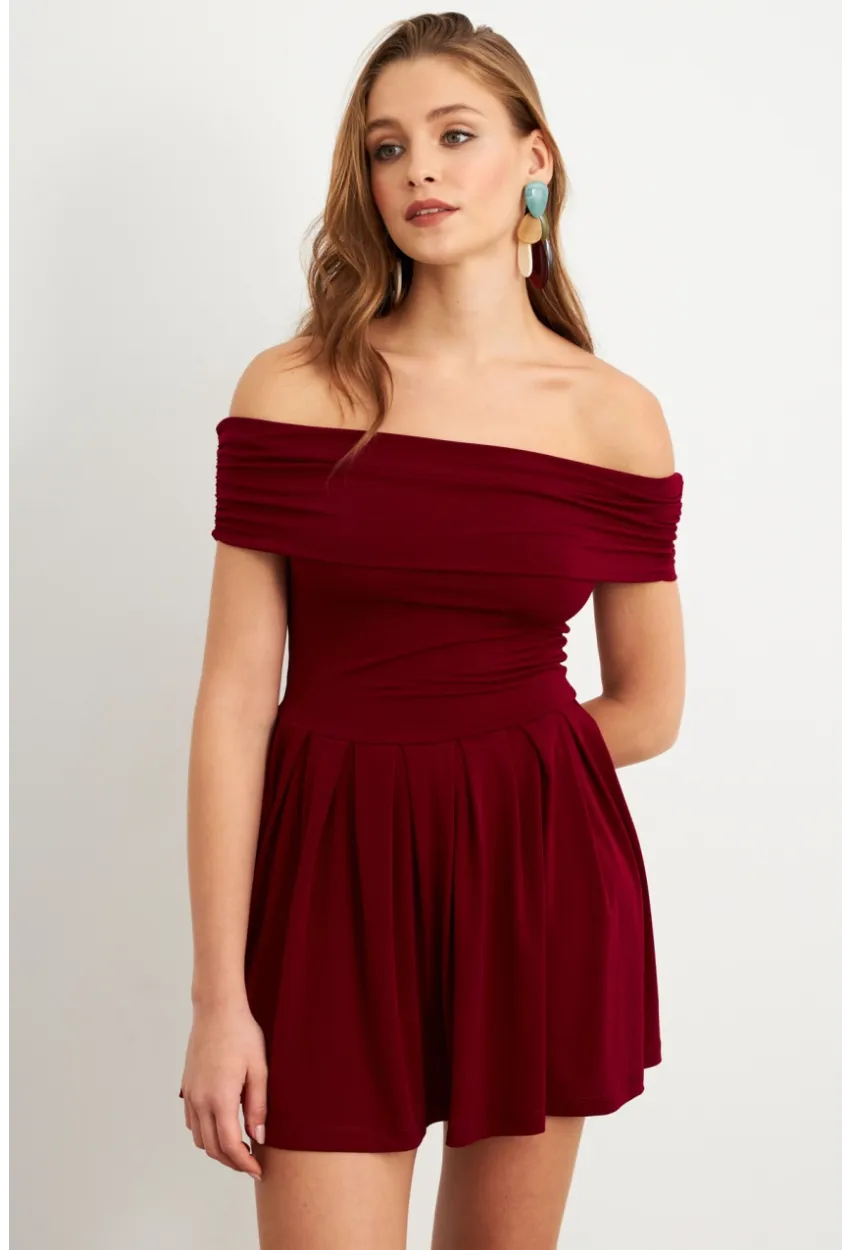 Kadın Bordo Madonna Yaka Midi Elbise MON1262-1