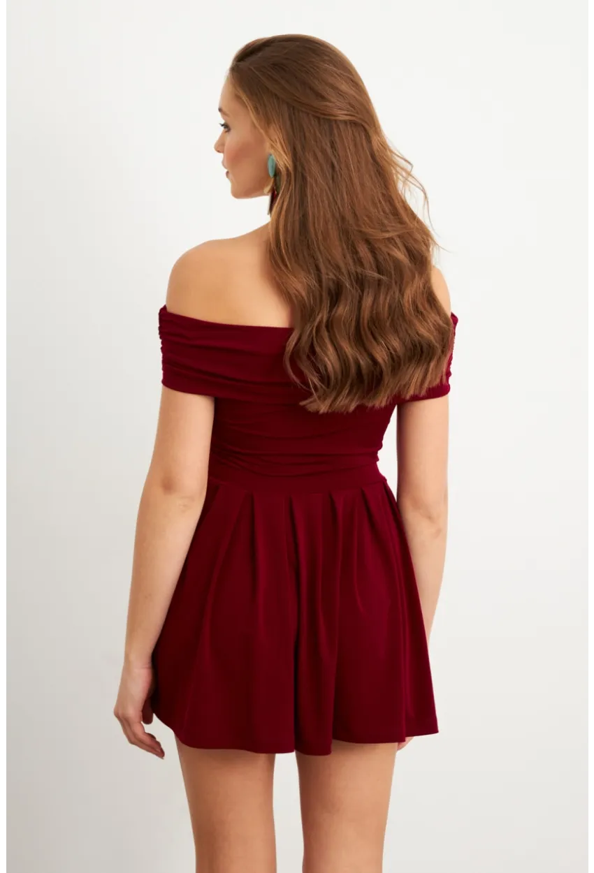 Kadın Bordo Madonna Yaka Midi Elbise MON1262-1