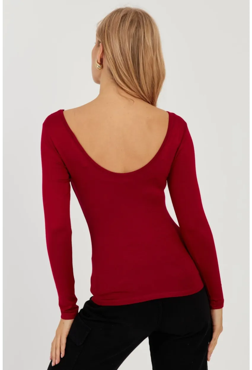 Kadın Bordo Ön Arka U Yaka Bluz LPP1265