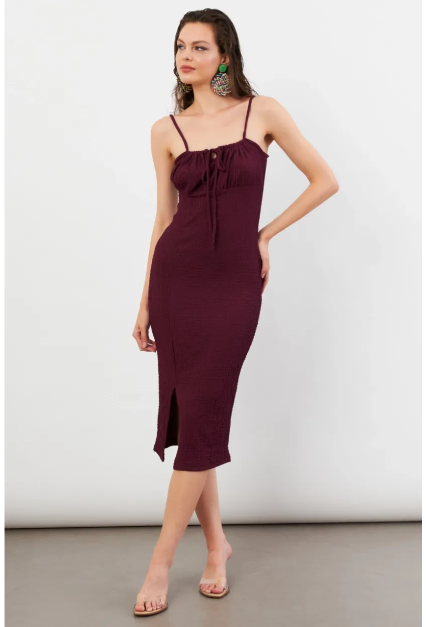 Kadın Bordo Önü Bağlamalı Rustik Midi Elbise FRO2001
