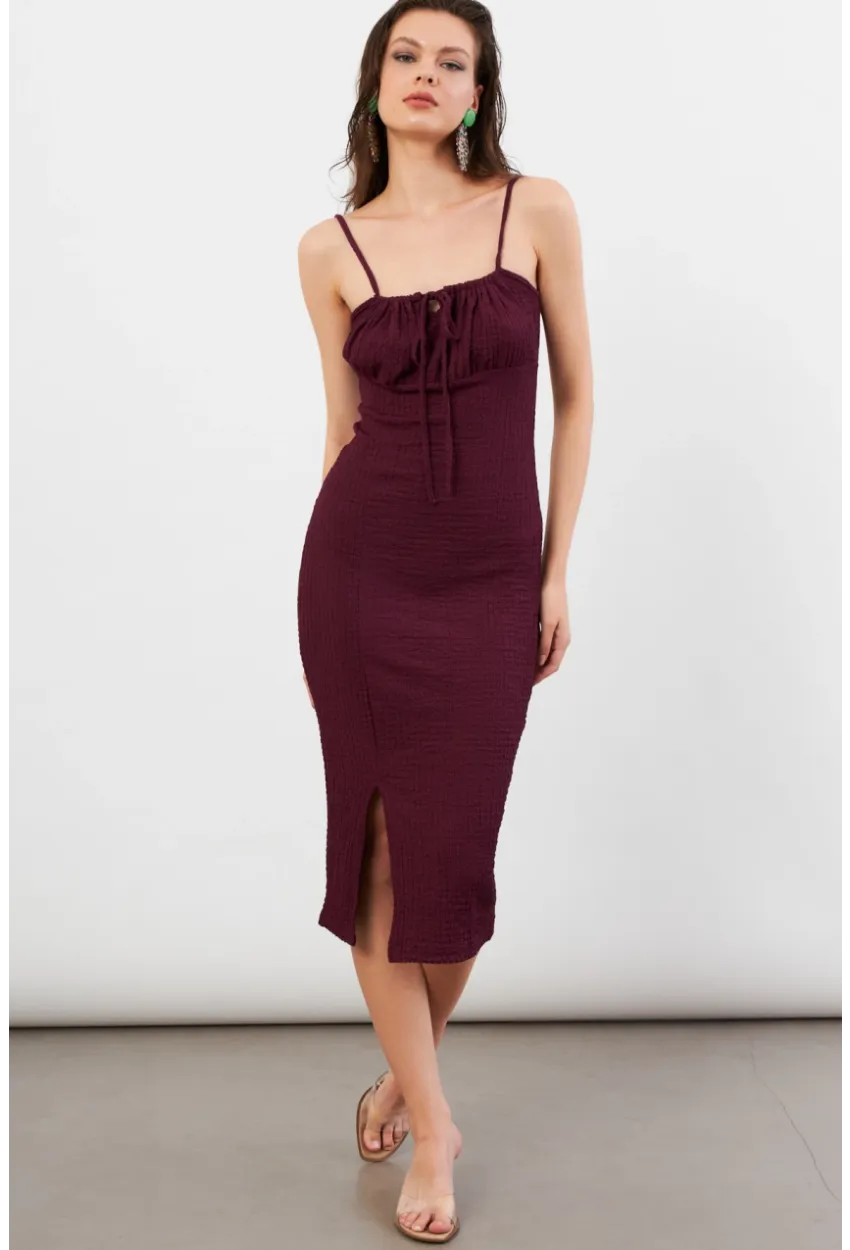 Kadın Bordo Önü Bağlamalı Rustik Midi Elbise FRO2001