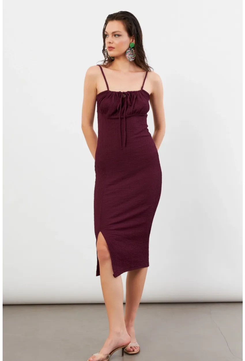 Kadın Bordo Önü Bağlamalı Rustik Midi Elbise FRO2001