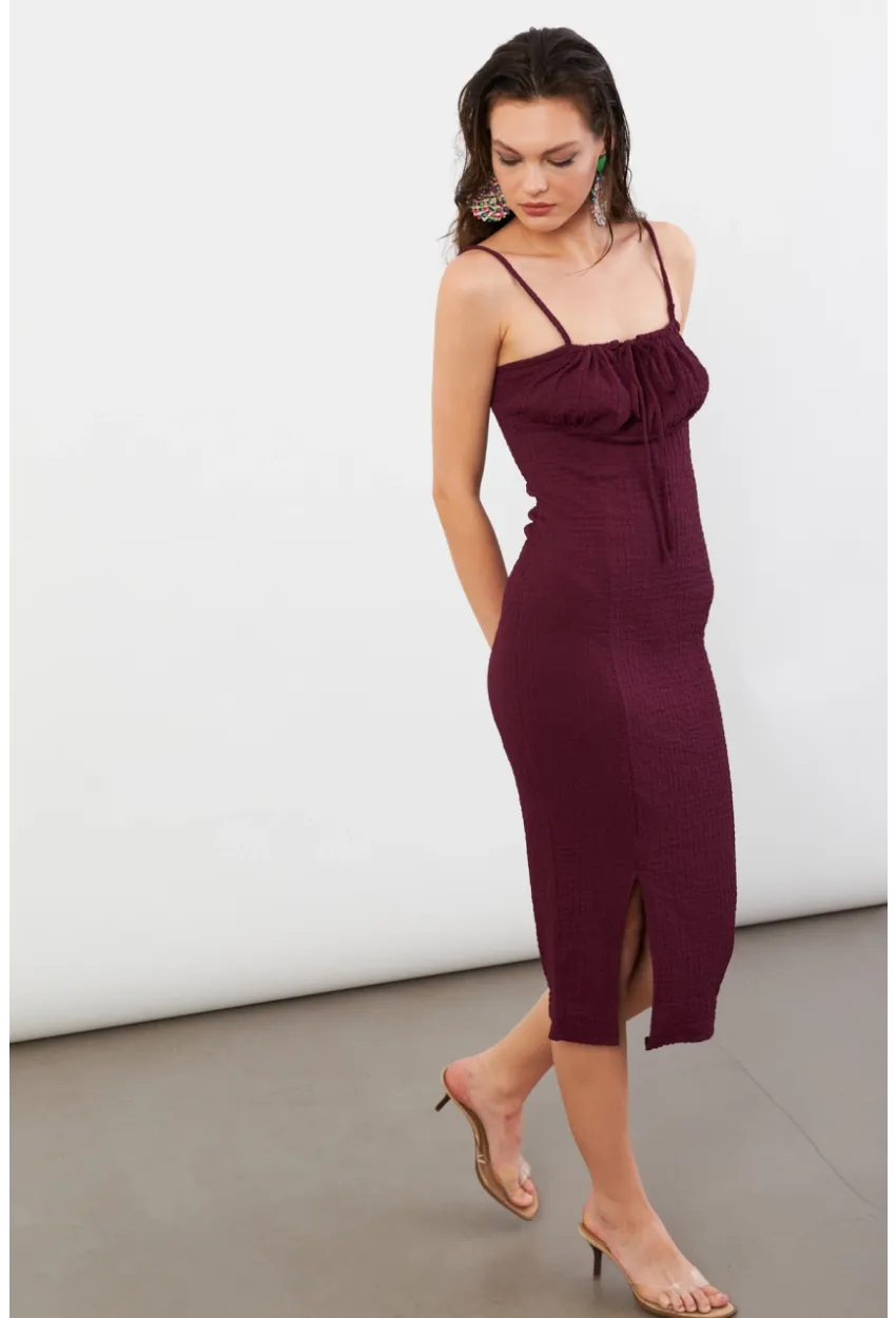 Kadın Bordo Önü Bağlamalı Rustik Midi Elbise FRO2001