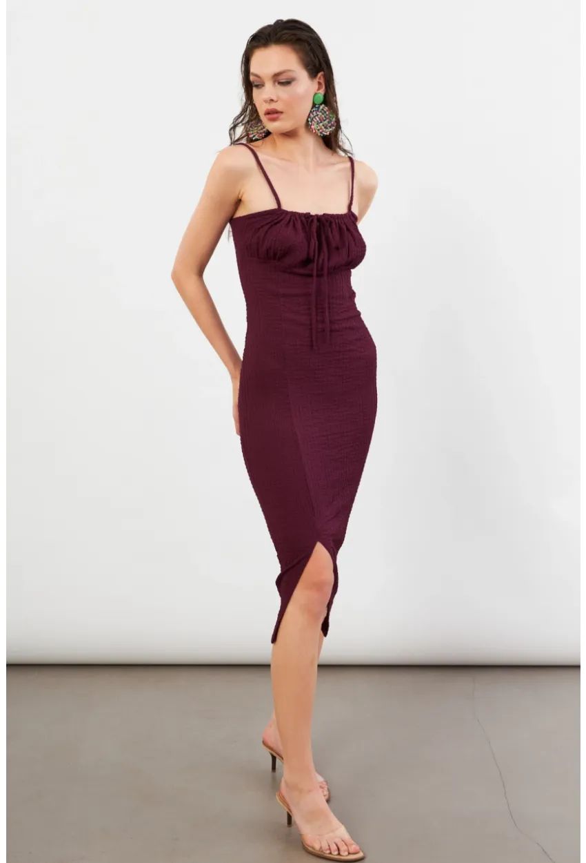 Kadın Bordo Önü Bağlamalı Rustik Midi Elbise FRO2001