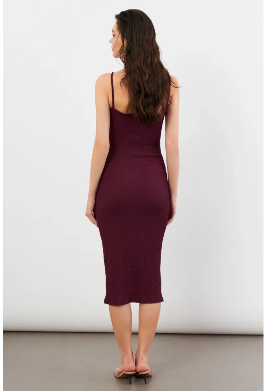 Kadın Bordo Önü Bağlamalı Rustik Midi Elbise FRO2001