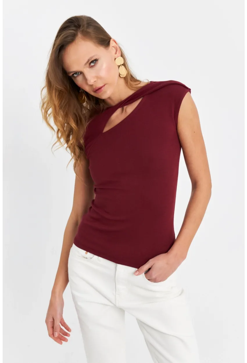 Kadın Bordo Önü Pencereli Asimetrik Bluz LPP1227-1