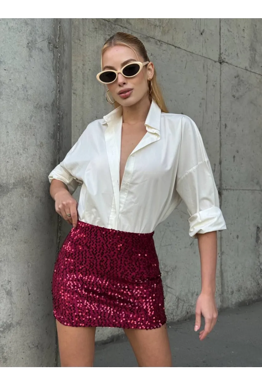Kadın Bordo Payetli Şortlu Mini Etek
