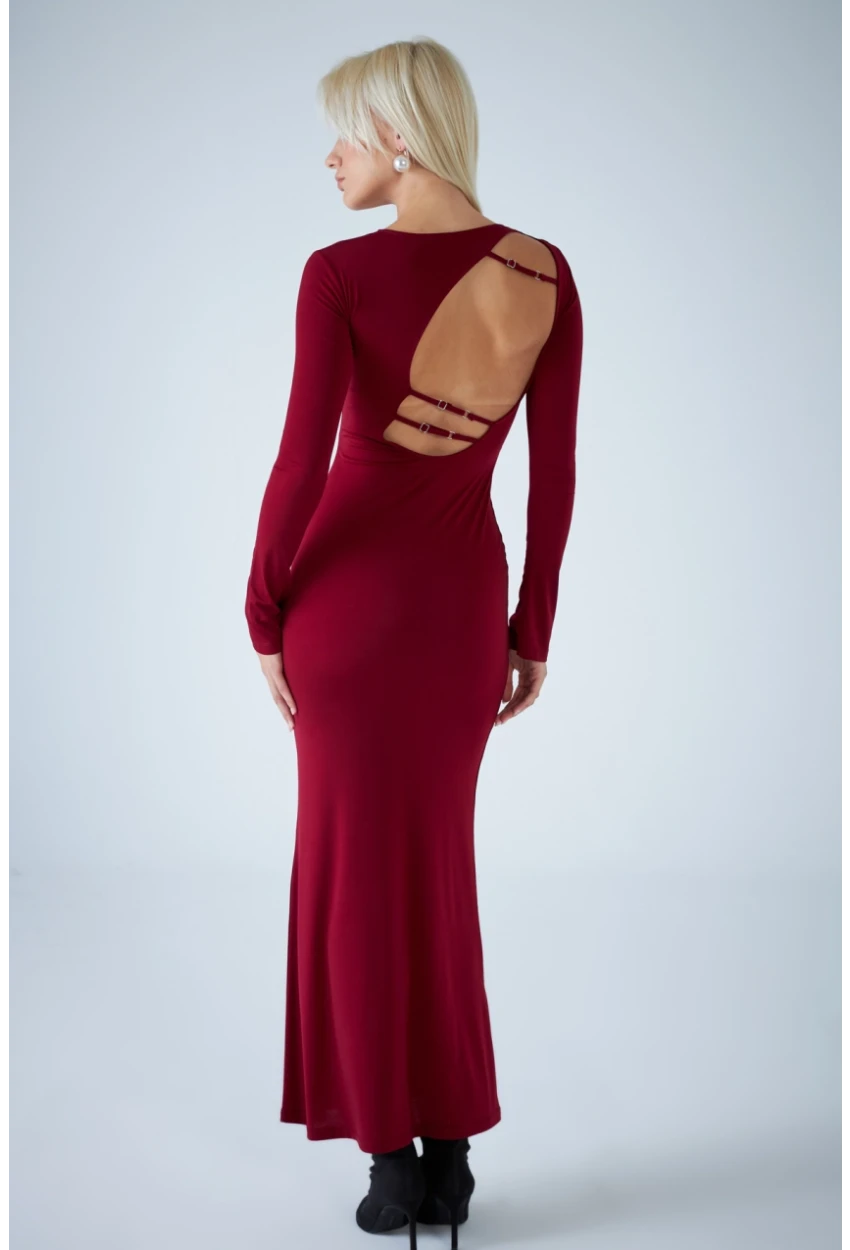 Kadın Bordo Sırt Detaylı Maxi Elbise HO58