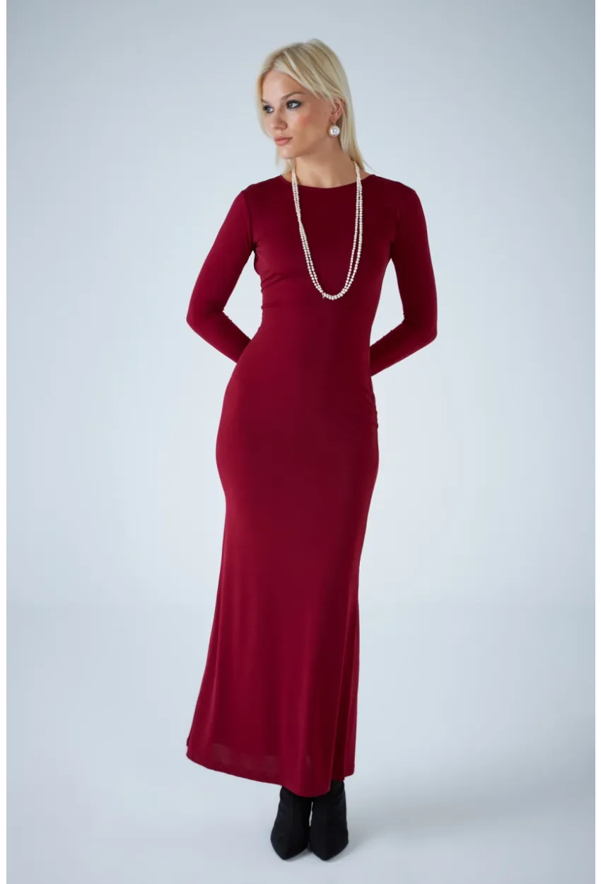 Kadın Bordo Sırt Detaylı Maxi Elbise HO58