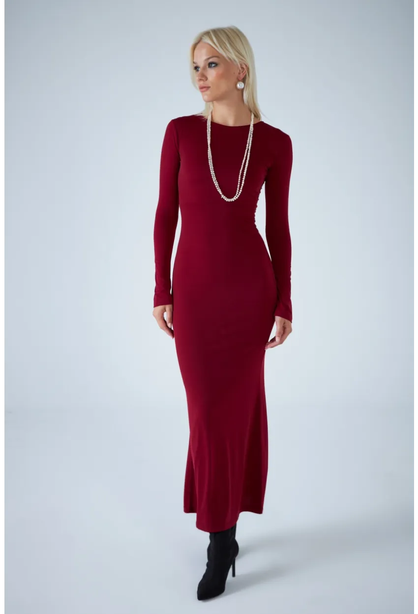Kadın Bordo Sırt Detaylı Maxi Elbise HO58