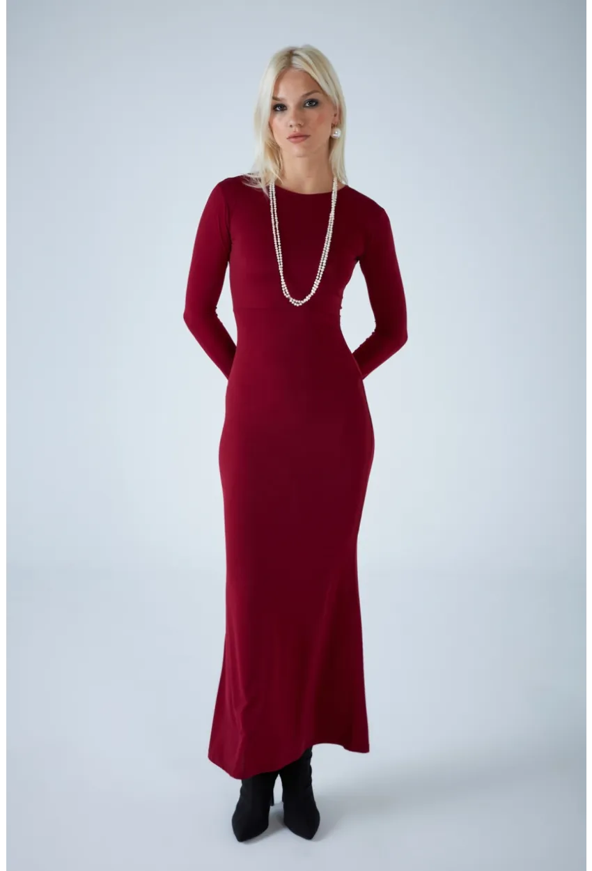 Kadın Bordo Sırt Detaylı Maxi Elbise HO58