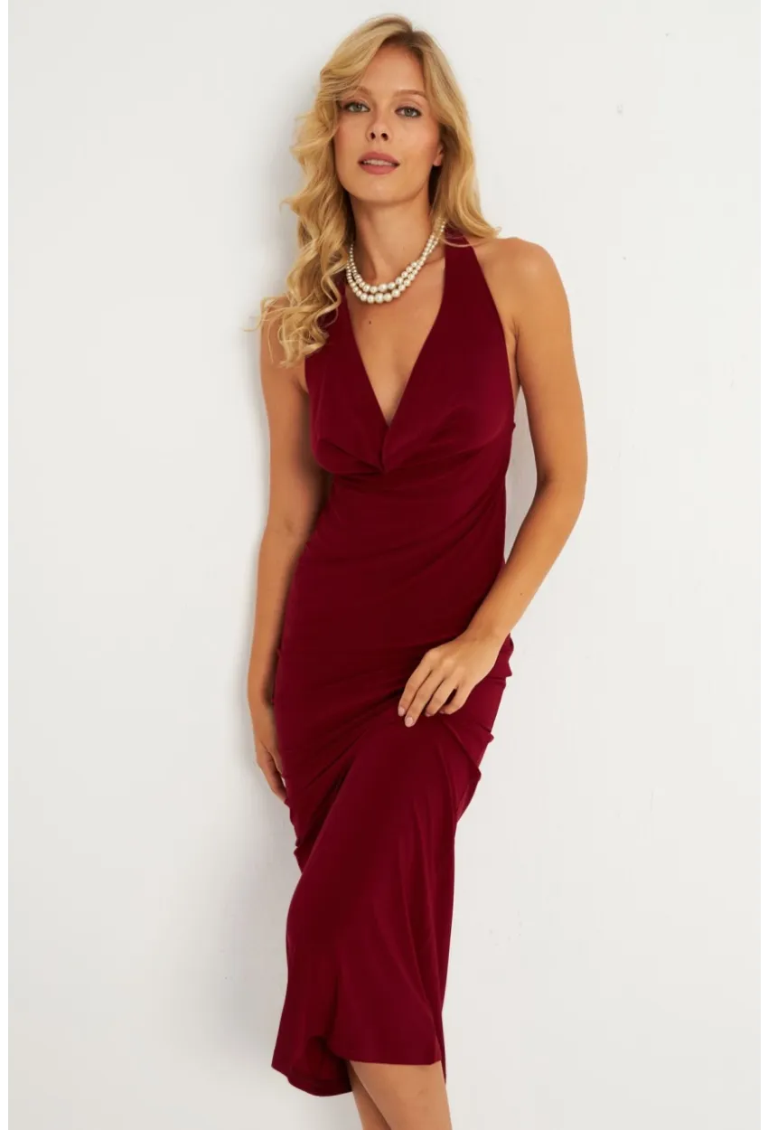 Kadın Bordo Sırtı Açık Degaje Midi Yılbaşı Elbise GÇ177