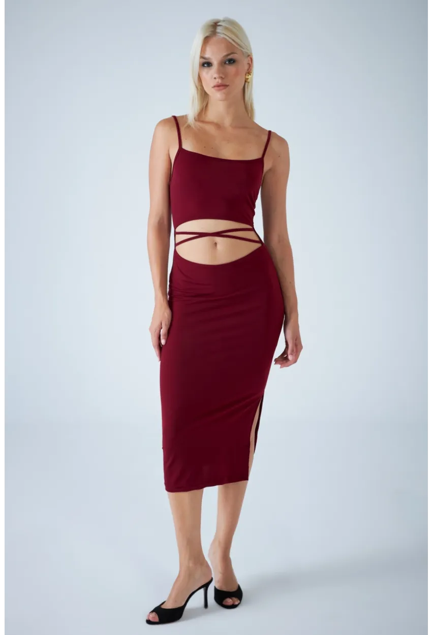 Kadın Bordo Sırtı Açık Pencereli Midi Elbise CEL001