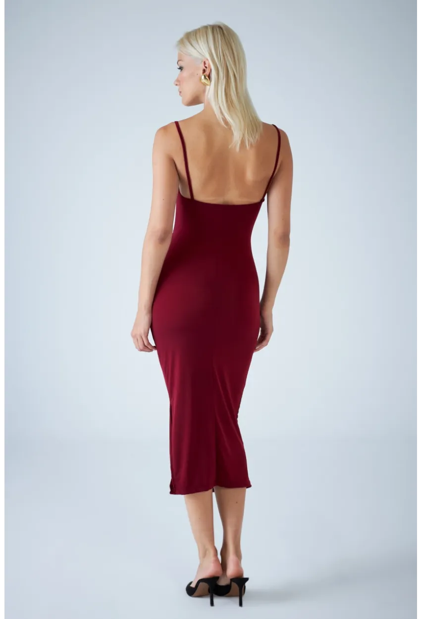 Kadın Bordo Sırtı Açık Pencereli Midi Elbise CEL001