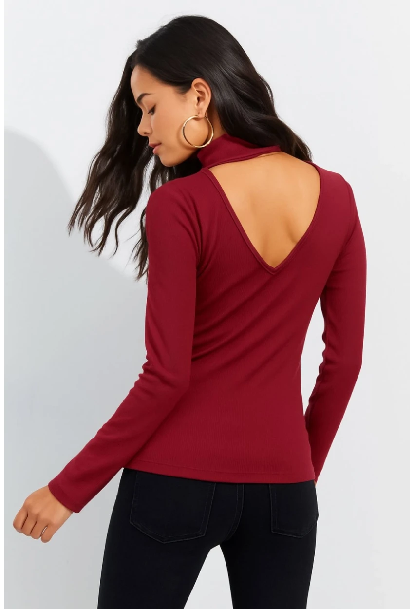 Kadın Bordo Sırtı V Balıkçı Bluz EY1106