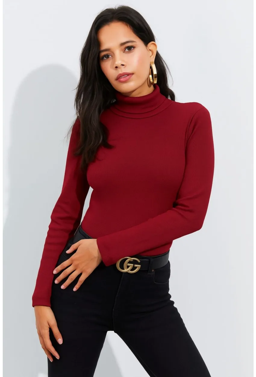 Kadın Bordo Sırtı V Balıkçı Bluz EY1106