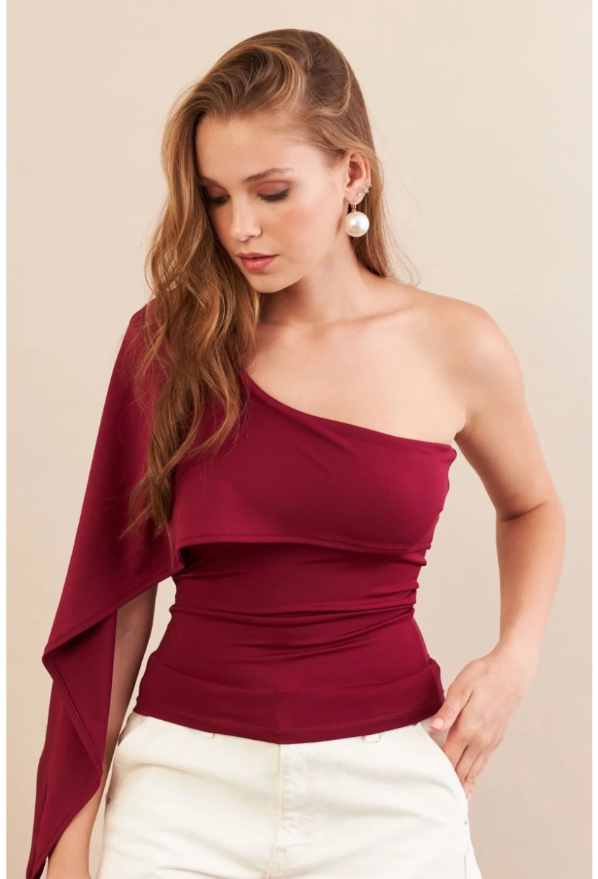 Kadın Bordo Tek Omuz Bluz AN6015